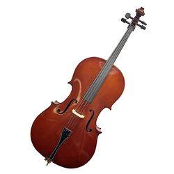 Gear4Music three-quarter sized cello with 70cm one-piece back and spruce top; bears maker's label; L112cm overall; in soft carrying case with Erich Steiner bow