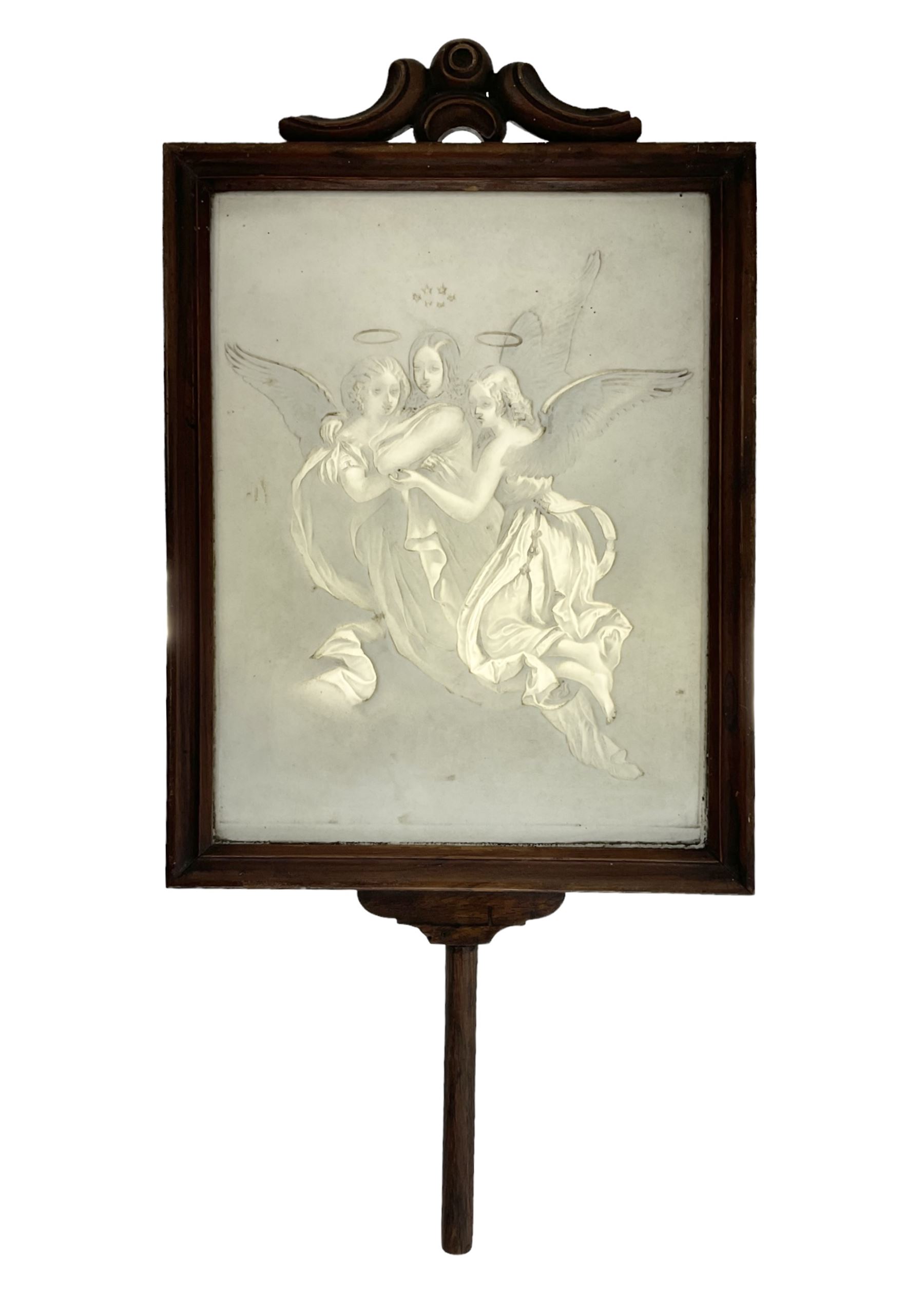 KPM Berlin lithophane panel, of two angels supporting a female figure to the centre, encased in a rosewood frame and handle, H42cm