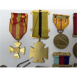 RAOB jewel Bourn Lodge 9394 with 25 years bar; two masonic jewels and triangular pendant watch; British Iron Cross style propaganda medallion; French Legion of Honour and Combatants Cross; and three foreign medals