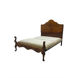 Early 20th century walnut 4' 6'' double bedstead with base, the shaped headboard with matched figured veneers, cabriole footboard