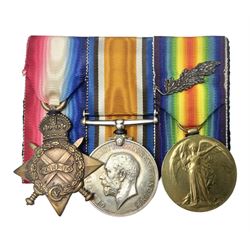 WW1 group of three medals comprising 1914-15 Star awarded to 1204 Pte. W.V. Furniss 20-London R. and British War Medal and Victory Medal with oak leaves awarded to Capt. W.V. Furniss; with ribbons; displayed on board for wearing; some biographical details