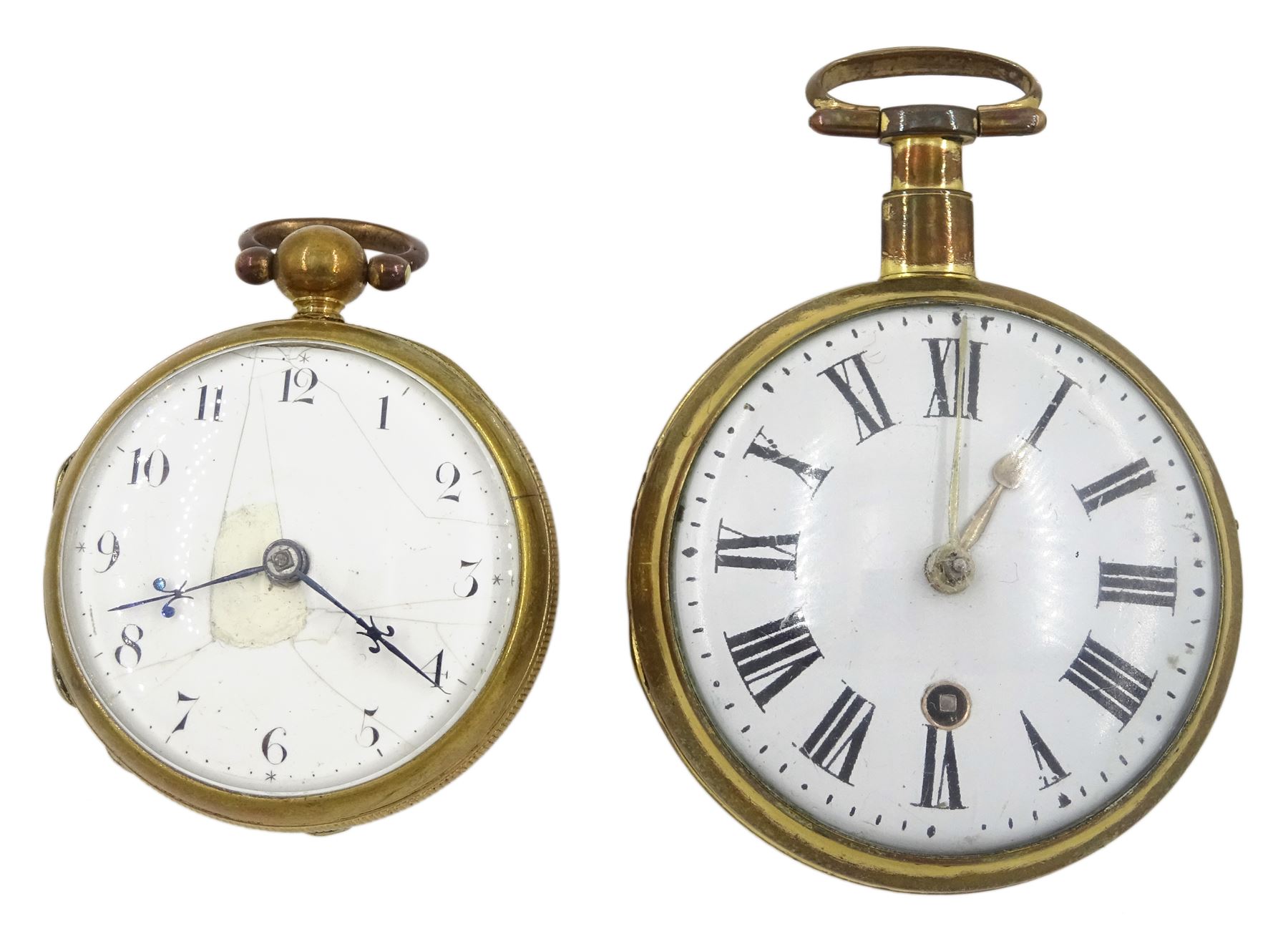 George III gilt verge fusee pocket watch by William Brown, London, No. 219, round baluster pillars, white enamel dial with Arabic numerals, bull's eye glass and one other gilt verge fusee front wound pocket watch (2)