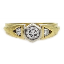  9ct gold ring with centre diamond and a diamond to each shoulder, hallmarked  