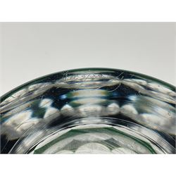 Val St Lambert style glass vase of shouldered ovoid form, cased in deep green over clear and heavily cut with repeat spherical pattern, indistinctly signed beneath ('Jac E. Dalmley'?), H15cm