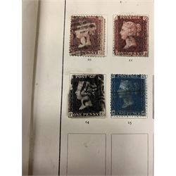 Great British and World stamps including two Queen Victoria penny black stamps, both with black MX cancels, King George V seahorse stamp,  World stamps including Austria, Belgium, Cyprus, Finland, France, Gibraltar, Italy, Hong Kong etc, in two albums and loose and a small number of mixed coins