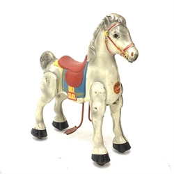 1950s Mobo Bronco metal ride-along horse with original decal to front, both footrests marked Mobo L67cm