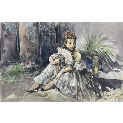 Gordon King (British 1939-): Seated Dancer with Fan, watercolour signed 35cm x 55cm