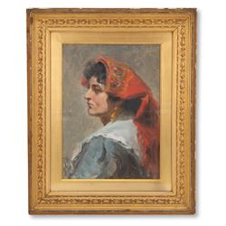 Ralph Hedley (Staithes Group 1851-1913):  'Mrs Palma Fionda' - Head and Shoulders Portrait, oil on board signed with initials and dated '94, 36cm x 26cm 
Provenance: exh. 'Exhibition of Works by Ralph Hedley', Laing Art Gallery, Newcastle 1938, no. 129, label verso