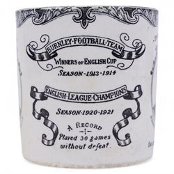 1920s transfer printed commemorative mug for Burnley Football Team English League Champion...