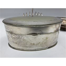 Collection of 19th century and later silver plate to comprising square salver raised on four bracket feet, oral box with hinged lid, two miniature cheese toasters, seven bar toast rack and a wine coaster