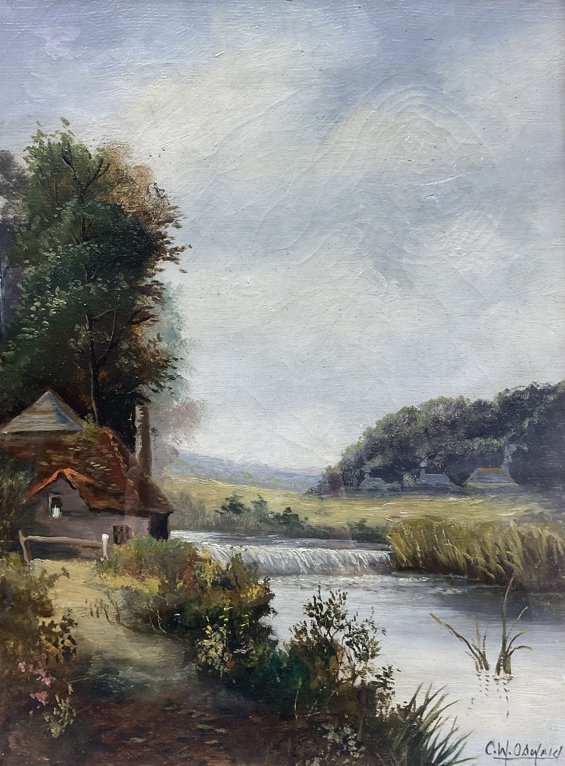 CW Oswald (British 19th Century): Thatched Cottage Beside a Stream, oil on canvas signed 38cm x 27cm 