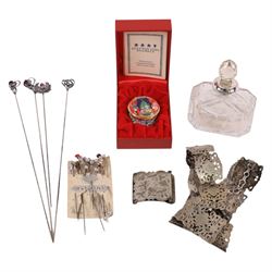Three silver Charles Horner hat pins, hallmarked, together with Halcyon Days enamel box, s...