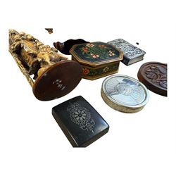 Silver photograph frame, two bibles with silver covers and other collectables including carved figures, 50 year calendar, etc 