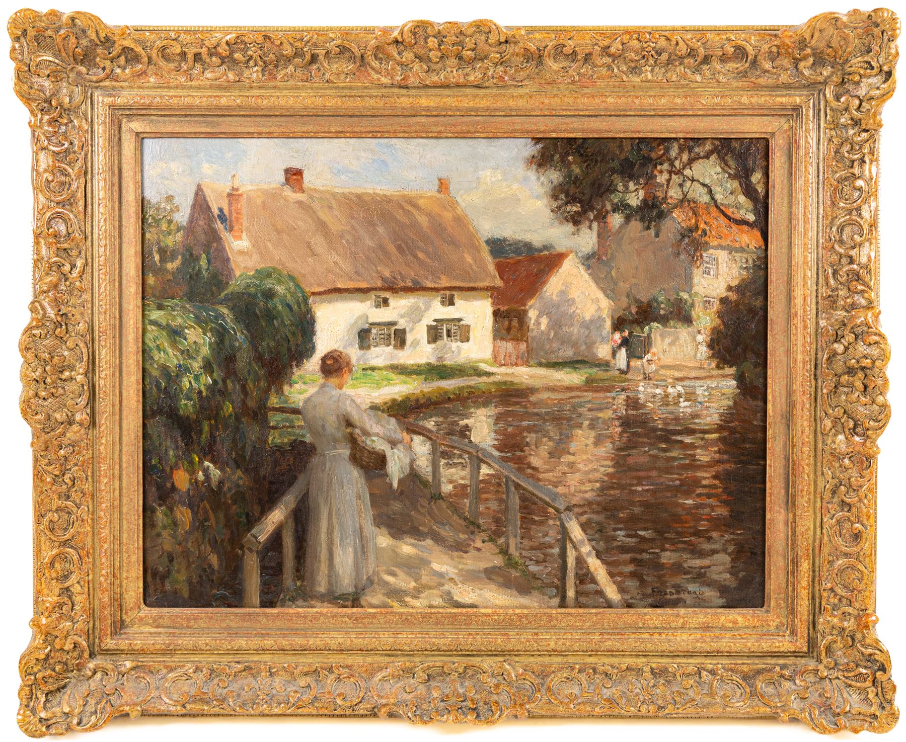 Frederick (Fred) Stead (British 1863-1940): Washerwoman at Beck Isle Cottage Thornton-le-Dale, oil on canvas signed 40cm x 52cm
