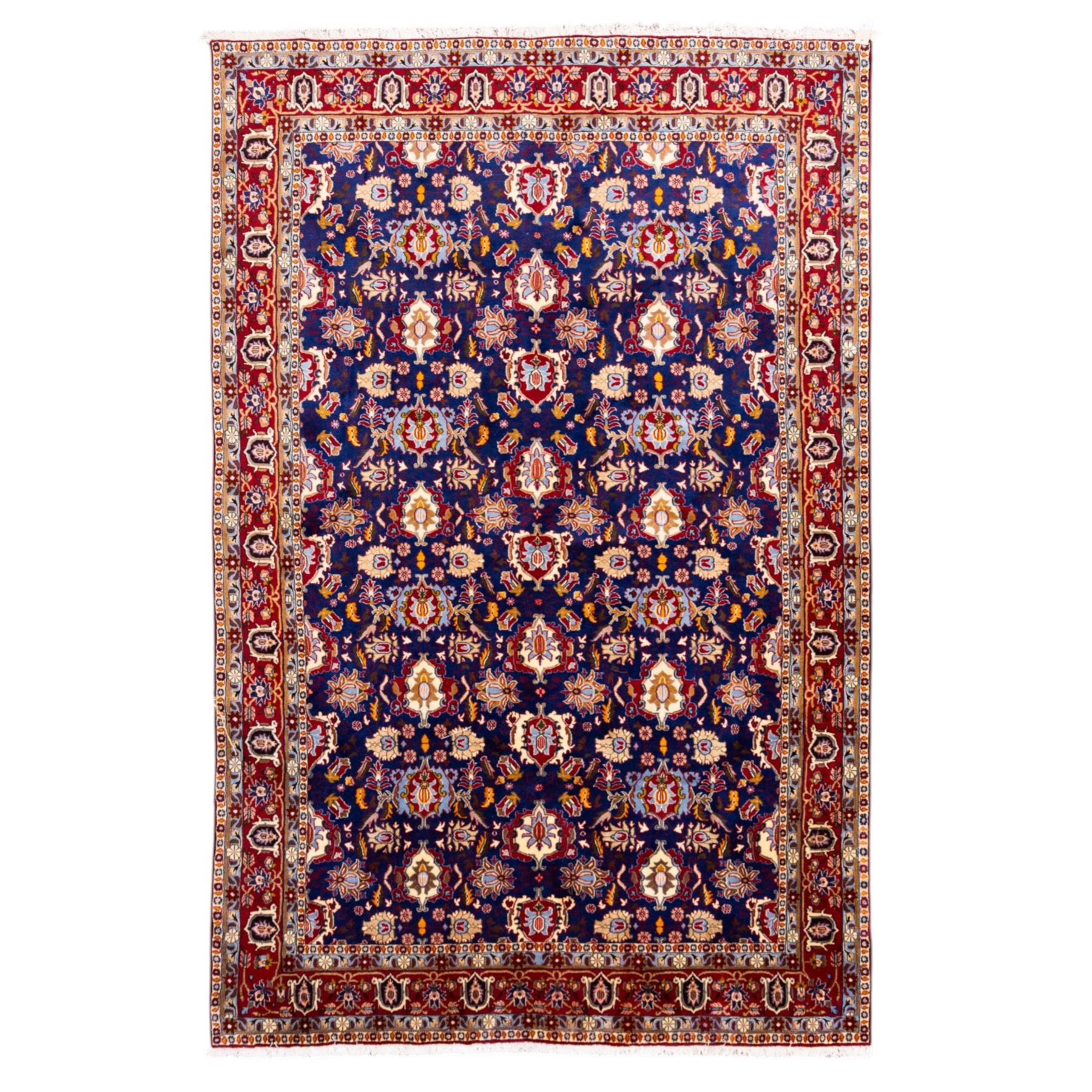 North Central Persian Veramin hand-knotted rug, deep indigo field decorated with an all-over lattice of stylized floral and palmette motifs issuing from an angular vine ornament, enclosed by a broad madder-red border of palmettes and scrolling vine devices between multiple guard stripes, with cotton fringe ends 