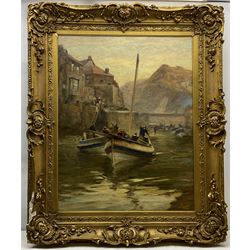 Robert Jobling (Staithes Group 1841-1923): 'Going Out on the Tide - The Beck Staithes', oil on canvas signed, titled on canvas with artist's address verso, also with Laing Art Gallery Newcastle exhibition labels 90cm x 70cm 