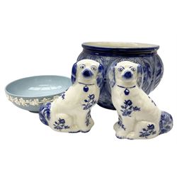 Wedgwood Etruria & Barlaston Queens ware bowl decorated with vines, D25cm, Victorian blue and white jardinière, and pair of blue and white Staffordshire style dogs