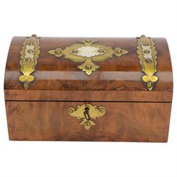 19th century burr walnut tea caddy, with brass and ivory mounts to domed cover, opening to...