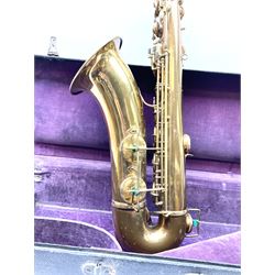 Brass tenor saxophone by Adolphe SAX, 84 Rue Myrha, Paris,  No.938 serial number 12097, H75cm excluding crook; in hard carrying case bearing plaque for Henri Selmer