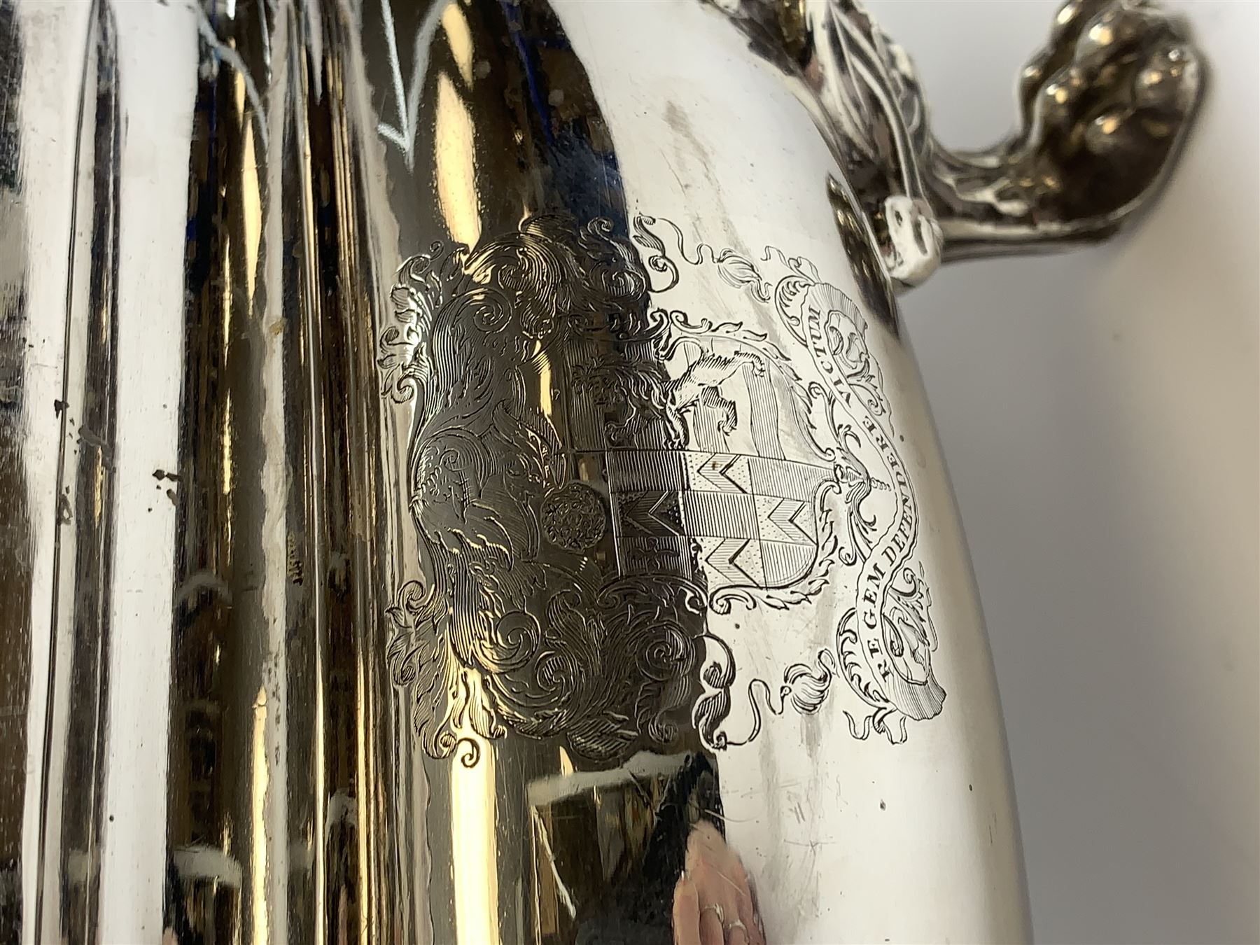 Matthew Boulton silver plated tureen and cover, the body of oval form with twin handles engraved with crest, probably for Whitgreave/Whitgrave family of Moseley Staffordshire, 'Regem Defendere Victum', (To defend the king even in his defeat/To defend the conquered king ), upon four paw feet, the cover with gadrooned rim and foliate loop handle 