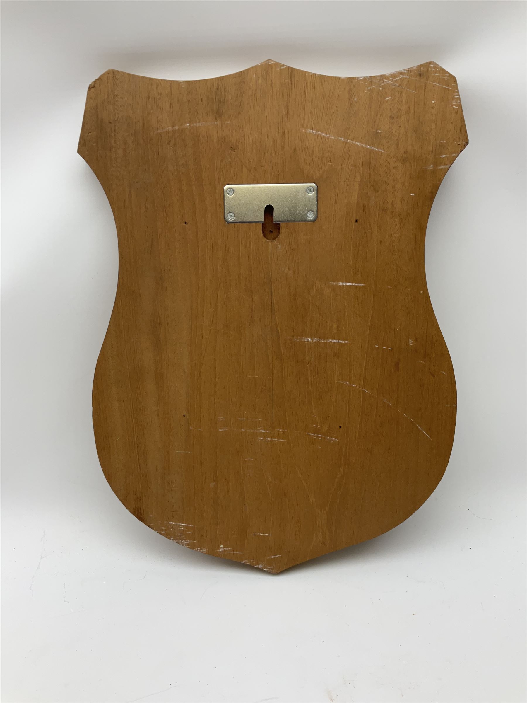 Five wooden shield plaques for mounting taxidermy of various sizes, largest H67cm, D51cm. 