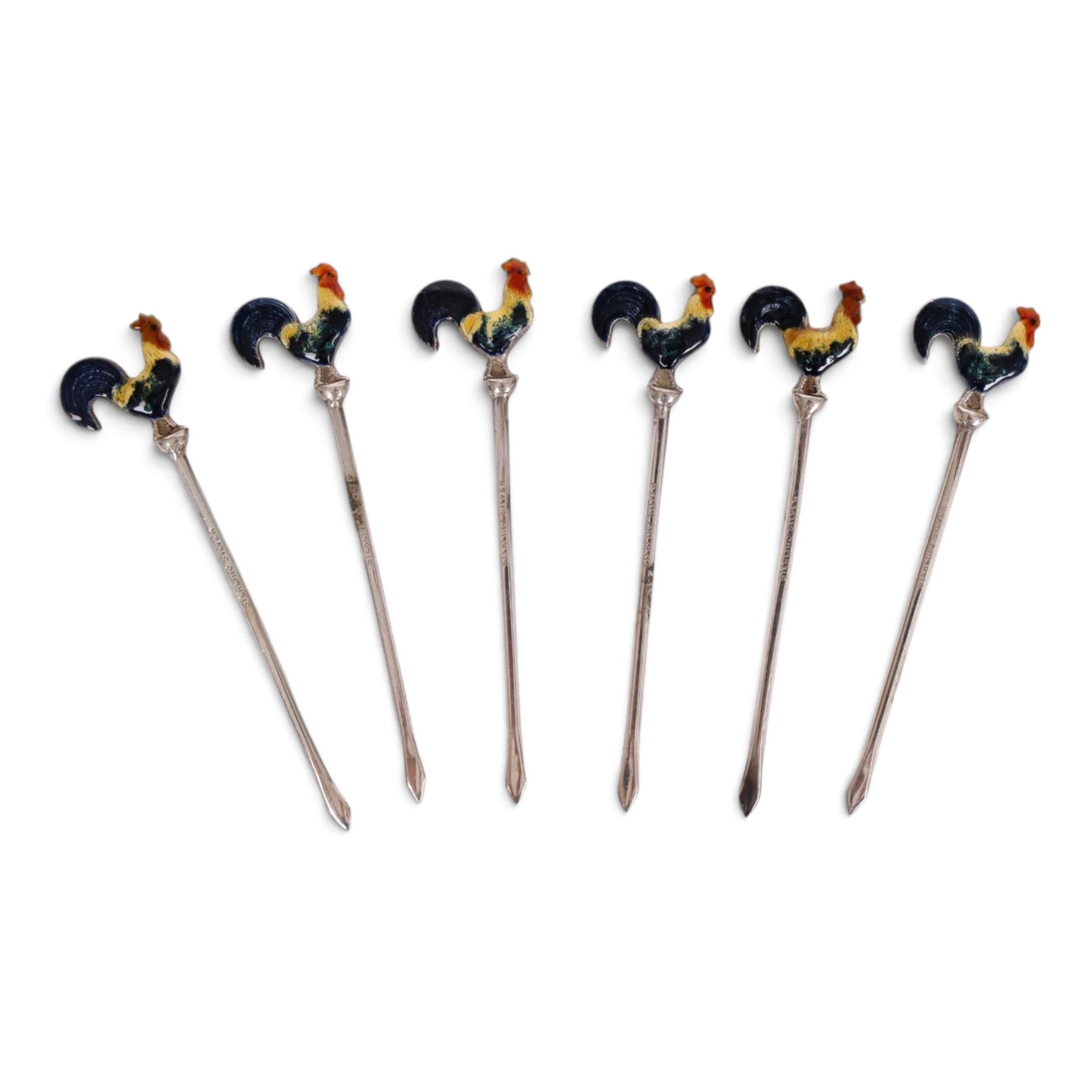 Set of six early 20th century silver cocktail sticks with enamel cockerel finials, stamped Sterling Silver