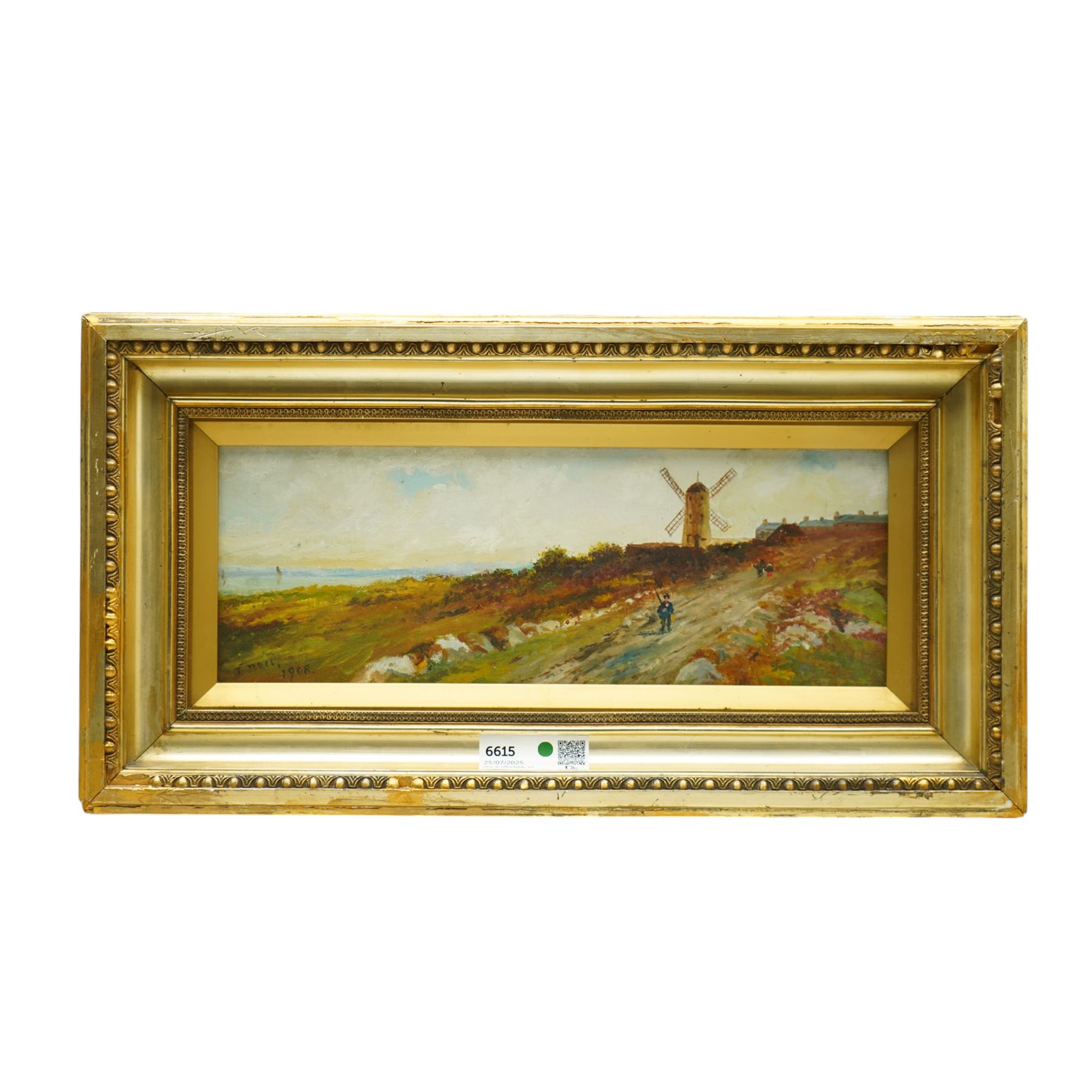 J Bell (British Naive School 19th/20th century): Coastal Scene and Windmill, pair oils signed and dated 1908, 13cm x 39cm (2)