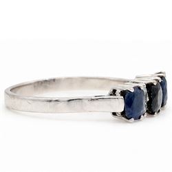 18ct white gold sapphire and diamond ring, three oval cut sapphires spaced by three round brilliant cut diamonds