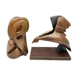 Helen Skelton (British 1933 – 2023): Two carved wooden abstract sculptures, one modelled as a stylized bird on rectangular base, largest H42cm. Born into an RAF family in 1933 in Kent and travelled the world extensively during her childhood. After settling in Bridlington, Helen immersed herself in painting, textiles, and wood sculpture, often inspired by nature's beauty. Her talent was showcased in a one-woman show at Sewerby Hall and recognised with the sculpture prize at Ferens Art Gallery in 2000. Sadly, Helen’s daughter passed away from cancer in 2005. This loss inspired Helen to donate her sculptures to Marie Curie upon her passing in 2023.