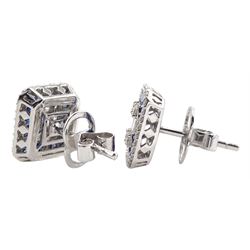 Pair of 18ct white gold round brilliant and baguette cut diamond and vari-cut sapphire cluster stud earrings