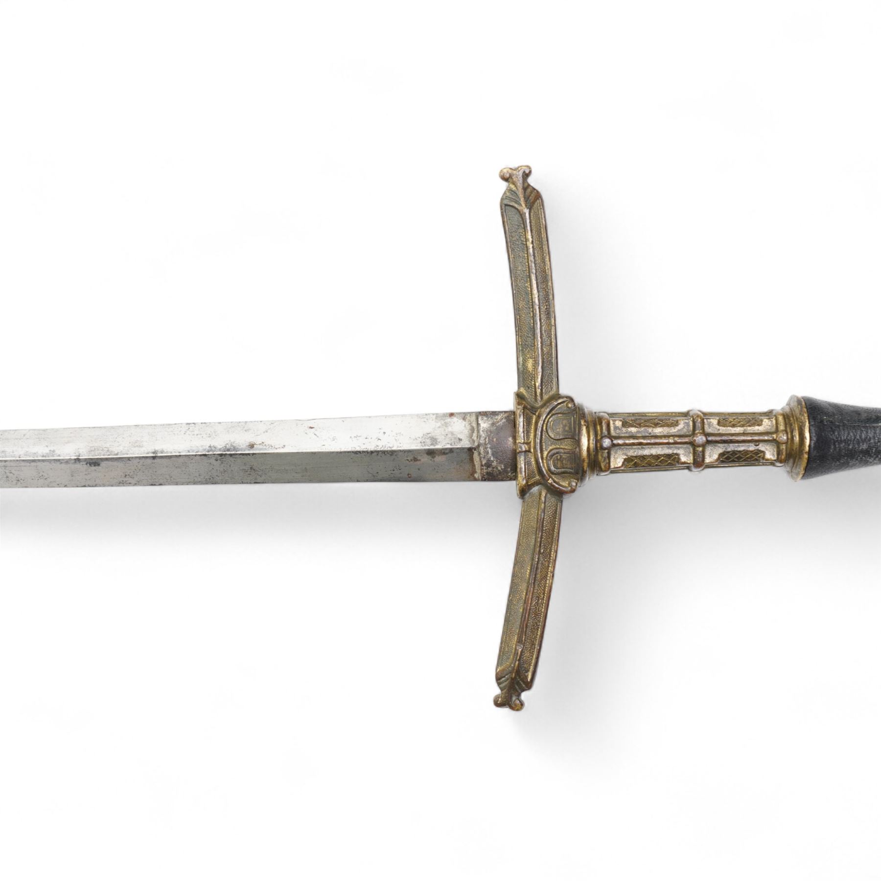 Ceremonial sword with Gothic hilt, plain blade and leather scabbard,  possibly 19th century overall length 107cm
