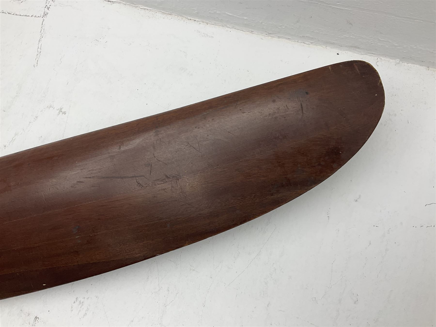 Early 20th century Avro 504 80HP Gnome laminated mahogany two-blade propeller with metal centre to the hub, stamped to the face of the hub 'AVRO Y80 80HP GNOME TYPE 504 & 504A A.I.D.29 A.I.D.32 1545' and to the sides of the hub '2744 DIA 1829 PITCH' and '1470'; traces of A.V. Roe & Co Ltd Manchester transfers to both blades L273.8cm; Auctioneer's Note: The Avro 504 was introduced in 1913 and was quickly taken up by the Royal Flying Corps as a trainer and observation machine; robust and versatile it remained in general service as a trainer until the late 1920s then widely for civilian use as a joy-rider and for stunt displays. The legendary RAF WWII ace, Douglas Bader, took instructions and would have had his first solo flight in just such a machine.