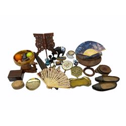 Miscellaneous collectables including parasol, wooden fruit bowl containing faux fruit, glass dish, brass items etc, in one box