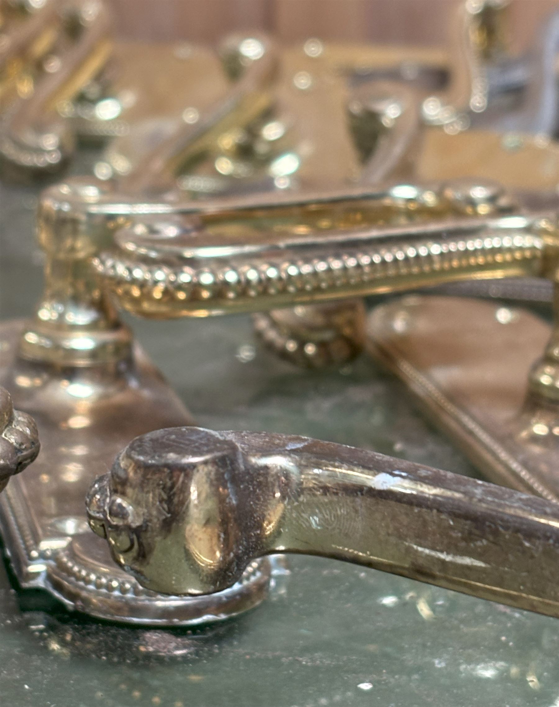 Thirteen pairs of good quality cast brass door handles, H18cm - COLLECTION BY APPOINTMENT FROM: The White House, Thirsk Road, Easingwold, York, YO61 3NF - CALL 01723 507111 TO ARRANGE