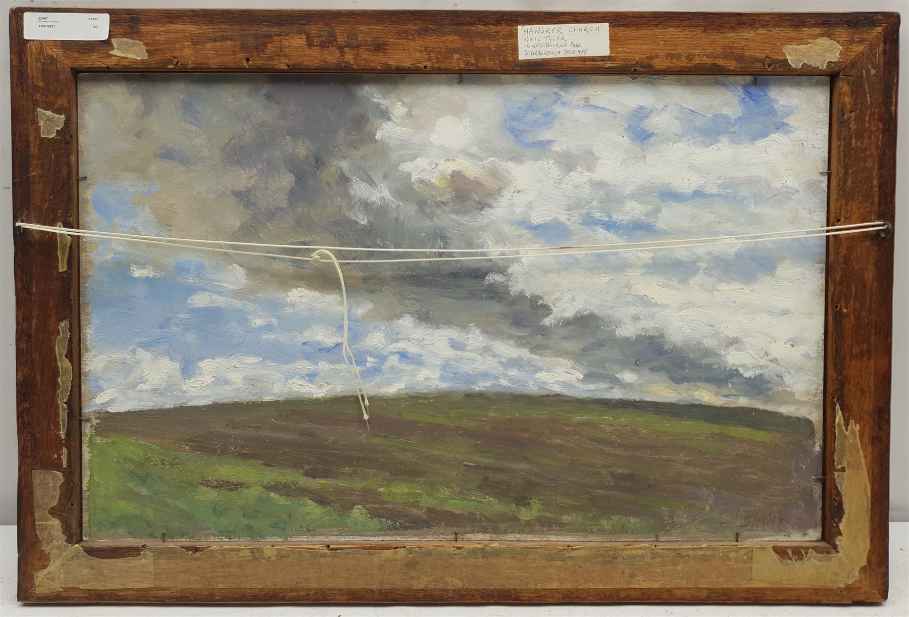 Neil Tyler (British 1945-): 'Hawsker Church', oil on board signed and titled, landscape sketch verso 29cm x 47cm