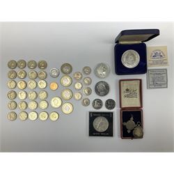Queen Elizabeth II old round one pound coins, small number of decimal coins, two 1999 five pound coins, United States of America 1922 silver dollar, other coins and two hallmarked silver fobs