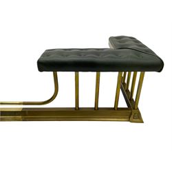 Victorian design brass telescopic extending club fire fender, the corner seats upholstered in buttoned green fabric over plain balustrade, on moulded base with floral cast corner brackets 