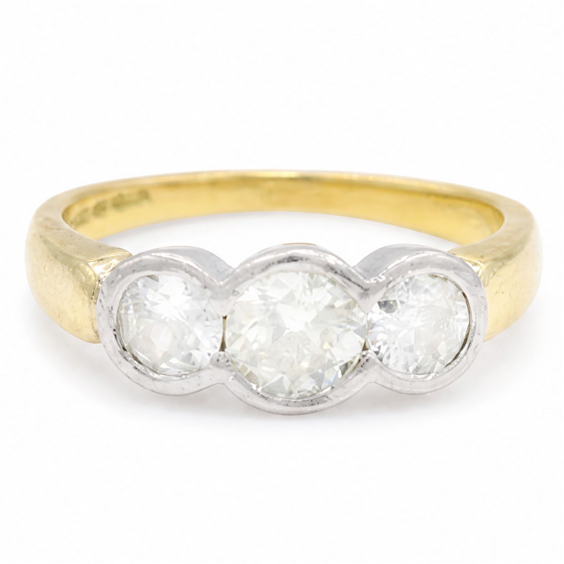 18ct gold gold and platinum diamond ring, bezel set with three old cut diamonds, Birmingham assay mark, total diamond weight approx 0.75 carat