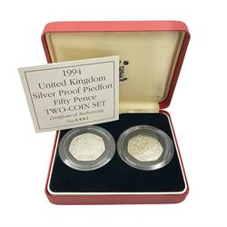 The Royal Mint United Kingdom 1994 silver proof piedfort fifty pence two coin set, including dual dated 1993/1994 EEC fifty pence, cased with certificate 
