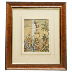 James Stuart (British fl. c.1715-1740) after Bernard Lens (British 1682-1740): Frontispiece for 'Magna Britannia et Hibernia - Antiqua et Nova' by Thomas Cox, depicting a classical architectural surround framing the title with allegorical figures representing learning, antiquity, and national identity, early 18th-century engraving with hand-colouring published c.1720, 21cm x 16cm