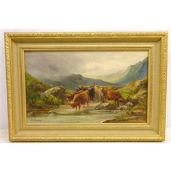  Highland Cattle Watering, 19th/20th century oil on canvas signed J MacPherson 30cm x 50cm  