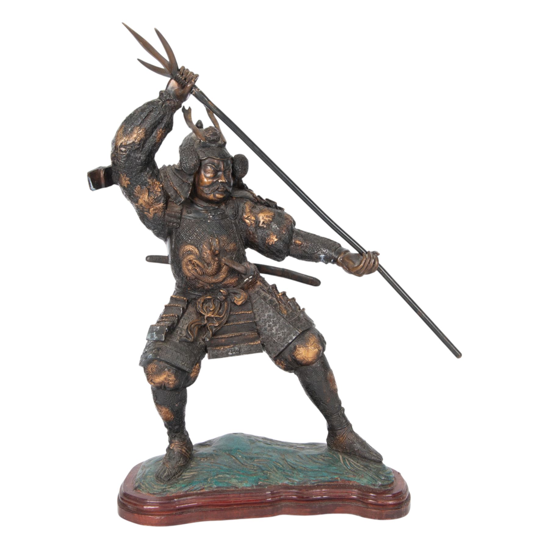 Japanese bronze of a Samurai, possibly Meiji period, standing holding a three pronged spear, on a wave form base, H67cm