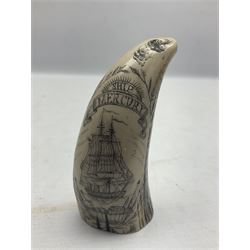 20th century resin carvings in the style of scrimshaws the first example depicting Ship Mercury, the other with a removable top, tallest example H10.5cm