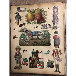  Victorian scrap album dated 1899 with thirty-two fully stocked leaves including scraps, greeting cards, military, rugby, Christmas, animals, flowers etc  