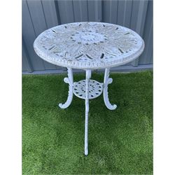 White painted aluminium garden bench together with an aluminium table of similar design and a three tier plant stand  - THIS LOT IS TO BE COLLECTED BY APPOINTMENT FROM DUGGLEBY STORAGE, GREAT HILL, EASTFIELD, SCARBOROUGH, YO11 3TX