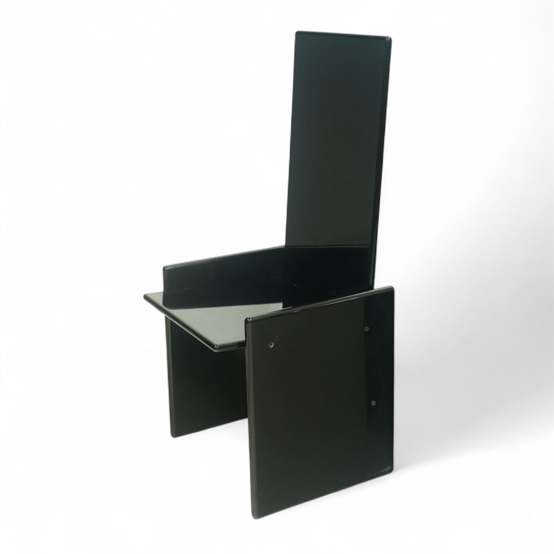 Kazuhide Takahama for Simon Gavina - set of six 1970's Italian designer black lacquered 'Kazuki' dining chairs, high slanted back over rectangular seats and broad panelled side supports, labelled to underside