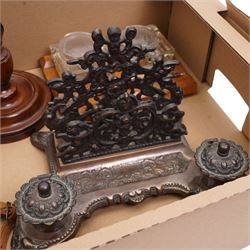 Pair of mahogany spiral column candlesticks, Indian inkstand, wooden inkstand and a pair of Earth Superior opera glasses in leather case