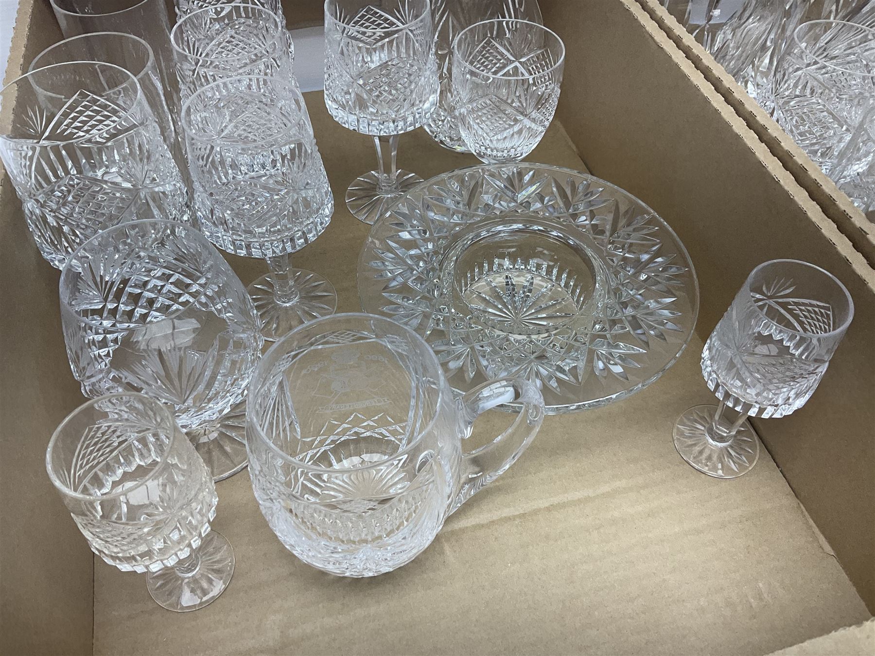 Collection of Waterford and Tyrone crystal, including wine glasses, clock, bowl, etc, together with a collection of other cut glass and crystal