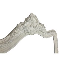French design white finished mirror, shaped cresting rail with shell moulded pediment with C-scrolls and roses, bevelled plate surrounded by applied beading and foliate decoration