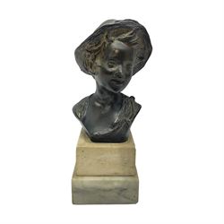 After Giovanni De Martino (1870-1935); bronzed bust of a boy on square marble plinth, H23cm